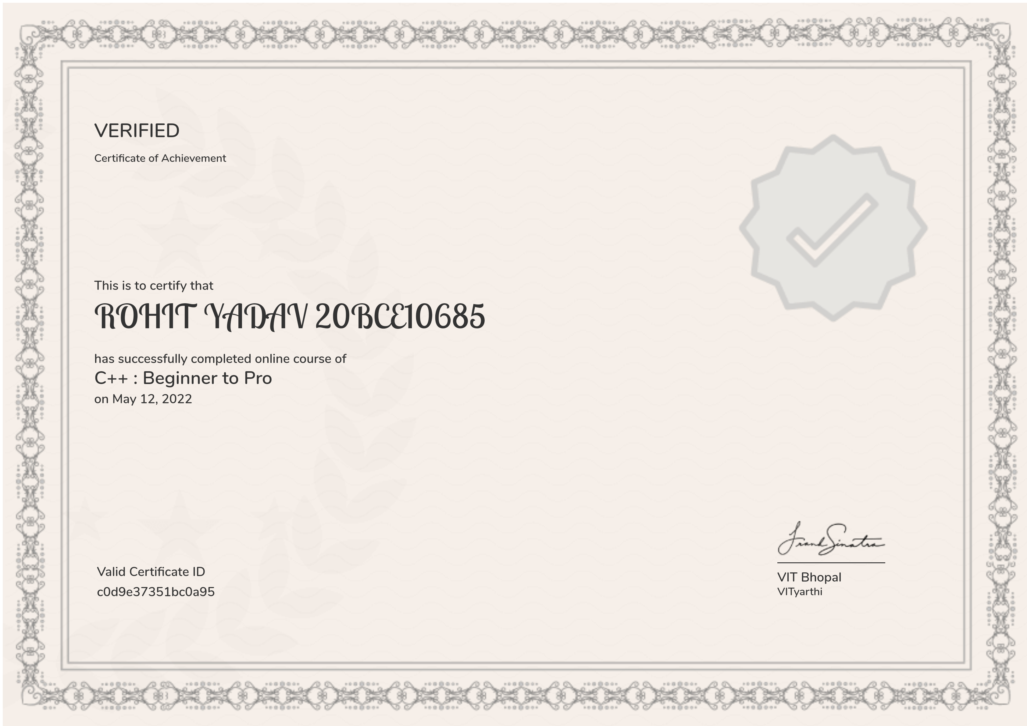 Vityarthi C++ Certificate